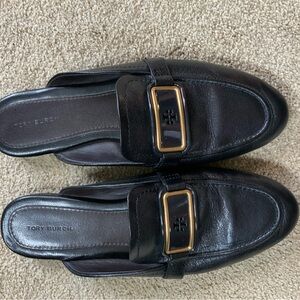 Tory Burch Black Leather Slip-On Loafers with Gold Accent